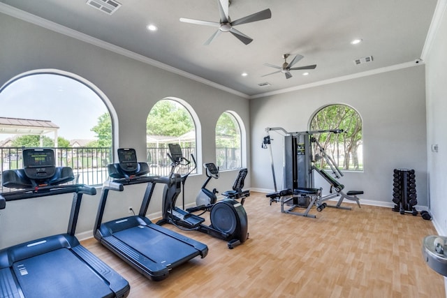 gym featuring ceiling fan, wood-type flooring, and ornamental molding