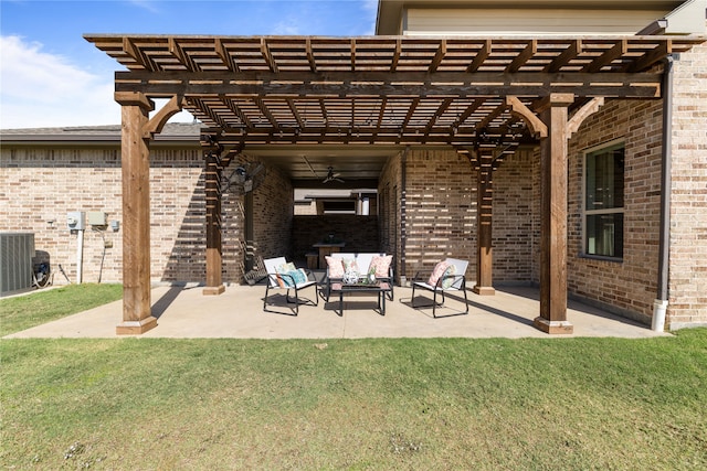 view of patio featuring a pergola, ceiling fan, central AC, and an outdoor living space