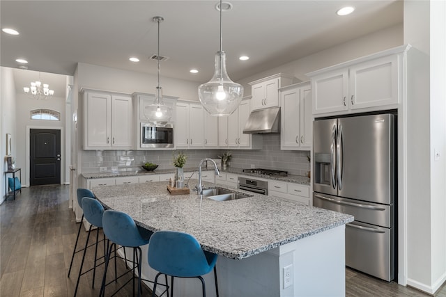 kitchen featuring white cabinets, a center island with sink, hanging light fixtures, sink, and stainless steel appliances