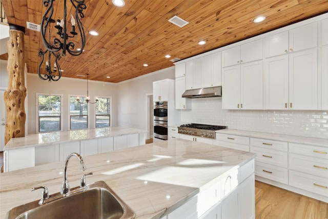 kitchen featuring light wood-type flooring, light stone countertops, appliances with stainless steel finishes, and a spacious island