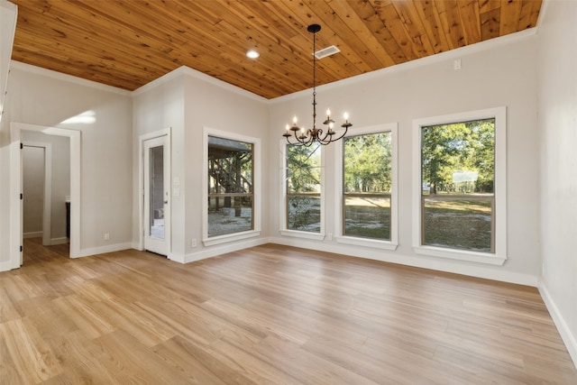 unfurnished dining area featuring crown molding, wooden ceiling, light hardwood / wood-style floors, and plenty of natural light