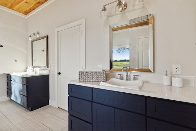 bathroom with vanity and wood ceiling