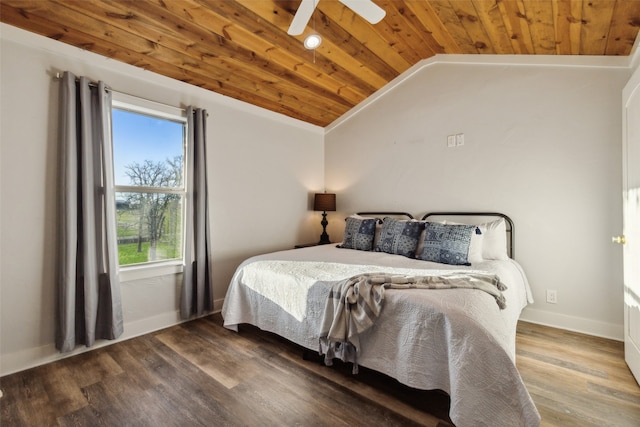 bedroom featuring hardwood / wood-style flooring, ceiling fan, wood ceiling, crown molding, and vaulted ceiling