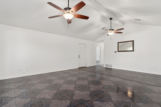 spare room with beam ceiling, high vaulted ceiling, and ceiling fan