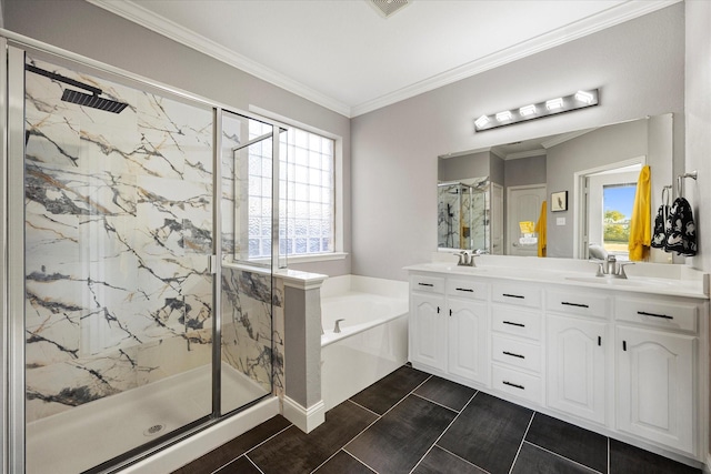 bathroom featuring vanity, tile patterned floors, ornamental molding, and independent shower and bath