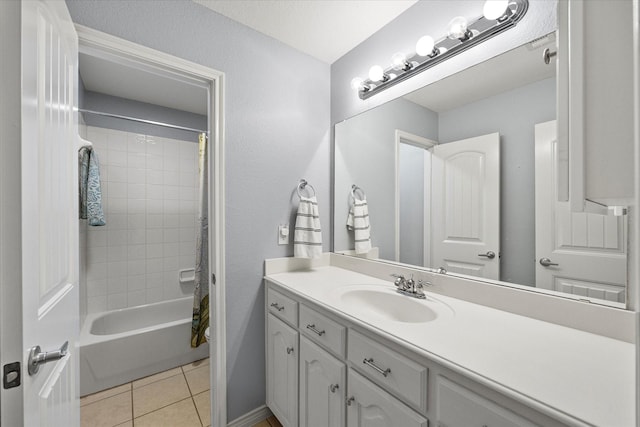 bathroom featuring shower / tub combo, vanity, and tile patterned floors