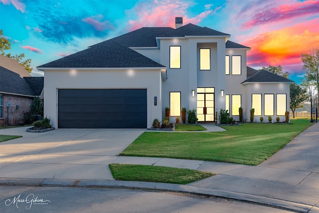 contemporary house with a garage and a lawn