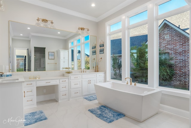 bathroom featuring vanity, crown molding, and a bath