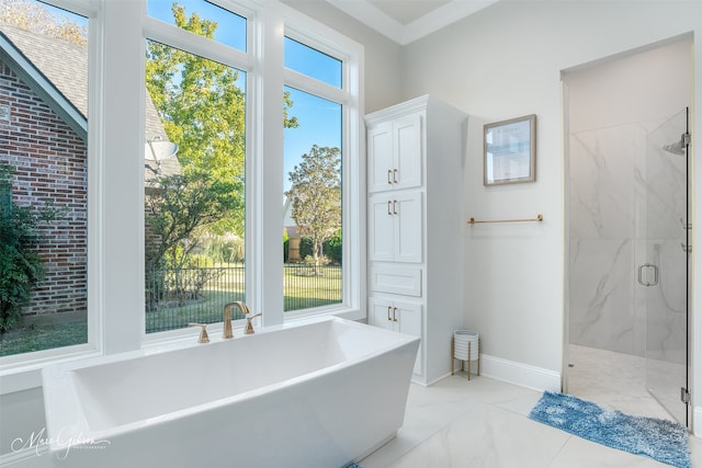 bathroom featuring ornamental molding and separate shower and tub