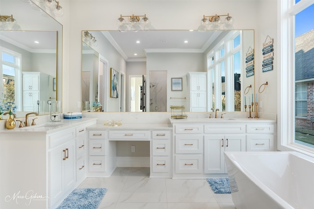 bathroom featuring vanity, crown molding, and shower with separate bathtub