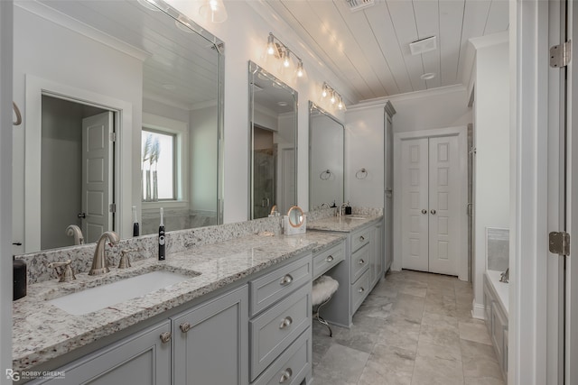 bathroom with vanity, wood ceiling, ornamental molding, and a washtub