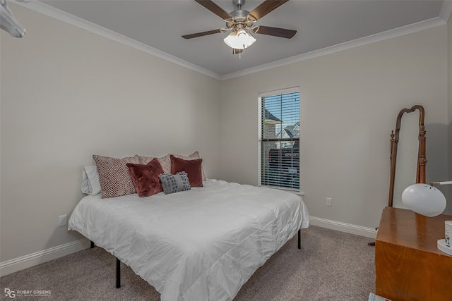 bedroom with light carpet, ornamental molding, and ceiling fan