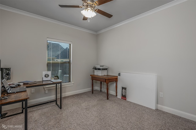 carpeted office with ceiling fan and ornamental molding