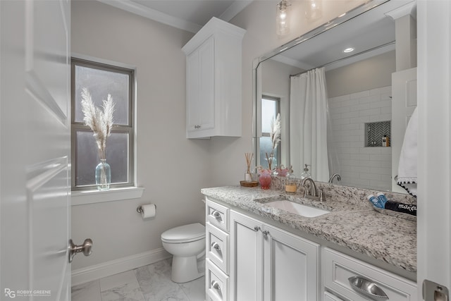 bathroom with vanity, curtained shower, ornamental molding, and toilet