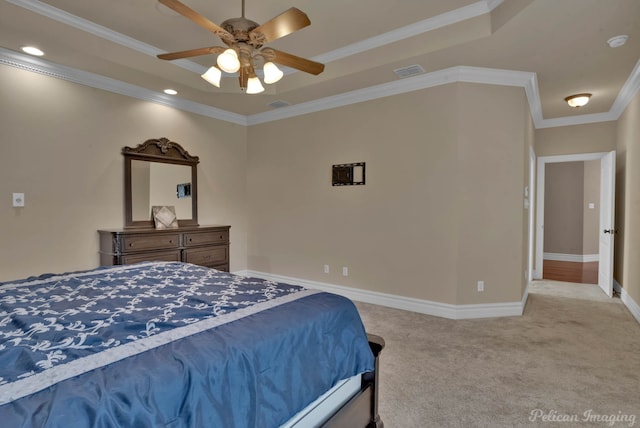 bedroom featuring crown molding, carpet floors, and ceiling fan