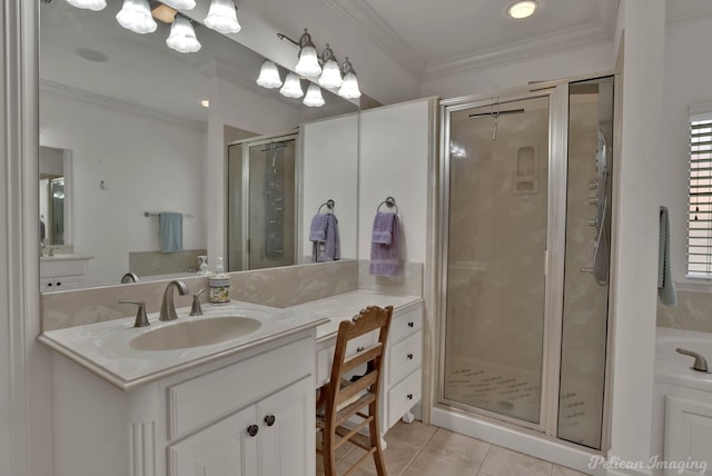 bathroom featuring vanity, ornamental molding, walk in shower, and tile patterned flooring