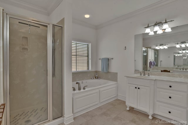 bathroom with vanity, crown molding, tile patterned flooring, and plus walk in shower