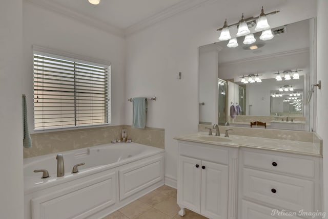 bathroom with vanity, ornamental molding, a bathtub, and tile patterned flooring