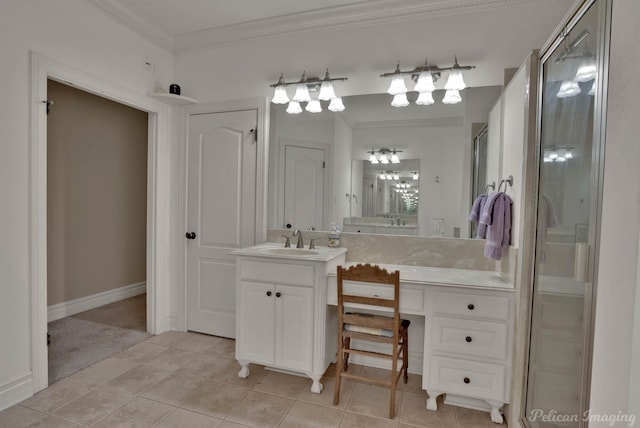 bathroom with vanity, crown molding, tile patterned floors, and an enclosed shower