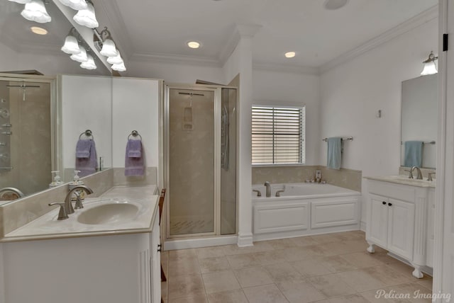 bathroom with vanity, ornamental molding, and plus walk in shower