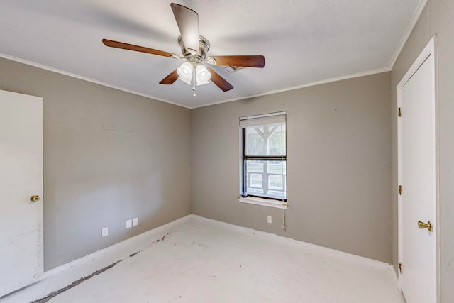 empty room with ceiling fan and crown molding