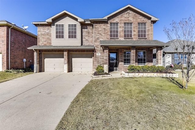 traditional home with a garage, brick siding, concrete driveway, and a front lawn