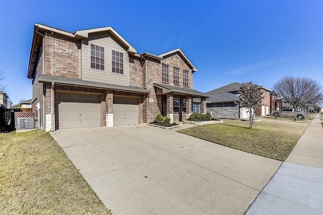 traditional home featuring brick siding, a front lawn, concrete driveway, central AC, and an attached garage