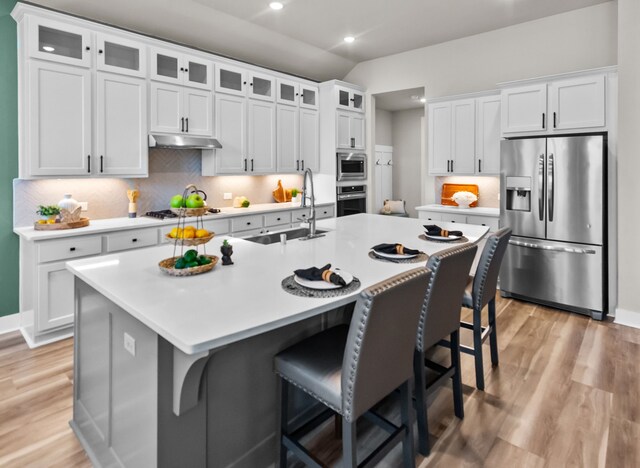 kitchen featuring appliances with stainless steel finishes, a healthy amount of sunlight, sink, and an island with sink