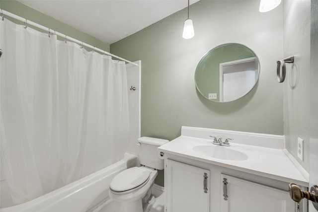 full bathroom featuring vanity, toilet, and shower / bathtub combination with curtain