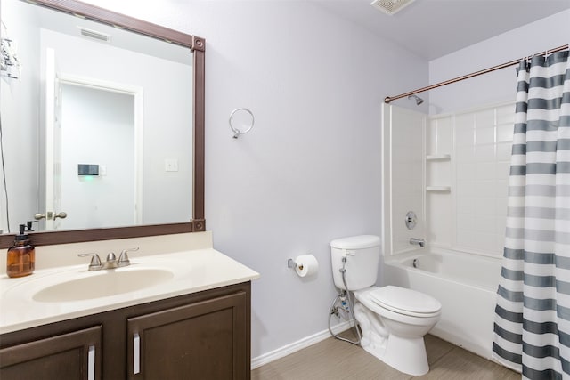 full bathroom with toilet, shower / bath combo, and vanity