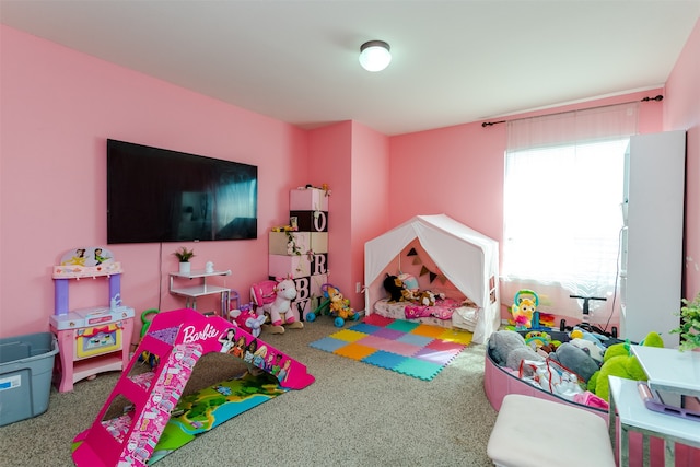 recreation room featuring carpet flooring