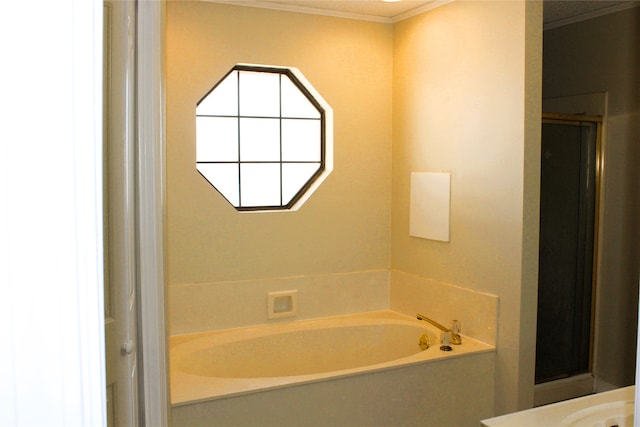 bathroom with separate shower and tub and ornamental molding