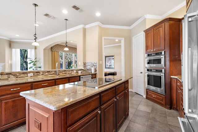 wine cellar with tile patterned flooring and crown molding