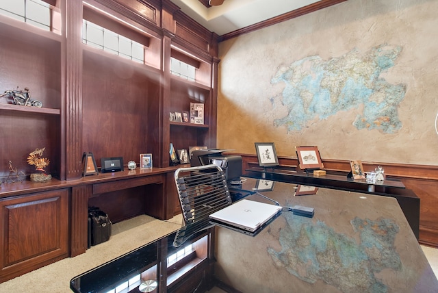 home office with ornamental molding