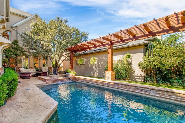 outdoor pool with a pergola, a patio area, fence, and an outdoor hangout area