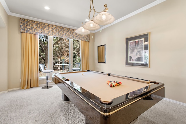 recreation room featuring ornamental molding, carpet, billiards, and baseboards