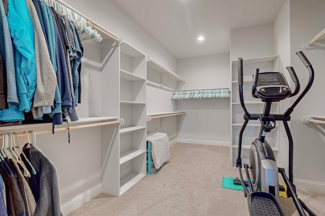 walk in closet with light carpet