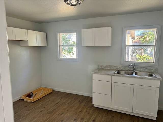 kitchen with white cabinets, sink, plenty of natural light, and dark hardwood / wood-style flooring