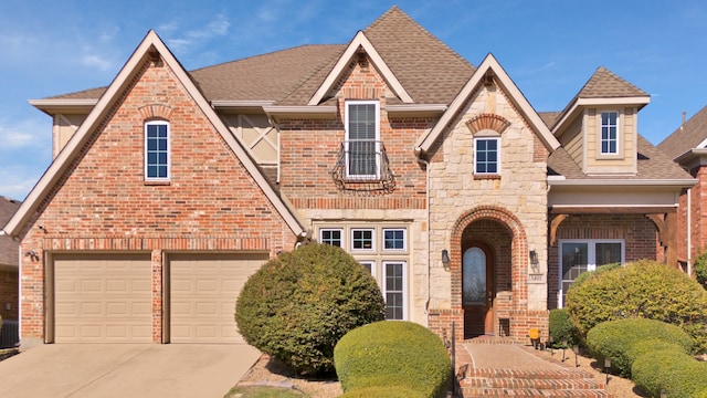 english style home with a garage and central air condition unit