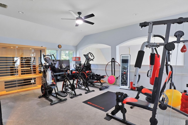 exercise room featuring ceiling fan and lofted ceiling