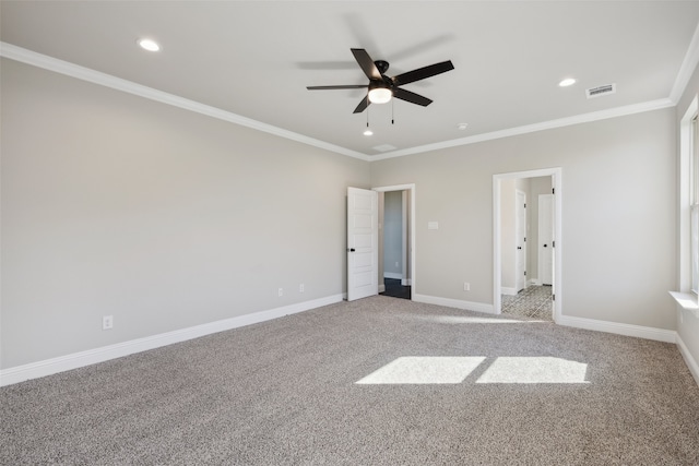 unfurnished bedroom with carpet, ceiling fan, and crown molding