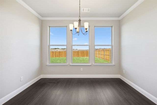 unfurnished dining area with a chandelier, crown molding, a healthy amount of sunlight, and dark hardwood / wood-style floors