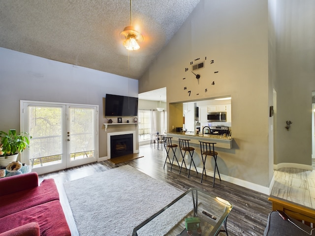 living room with a textured ceiling, french doors, high vaulted ceiling, and dark hardwood / wood-style floors