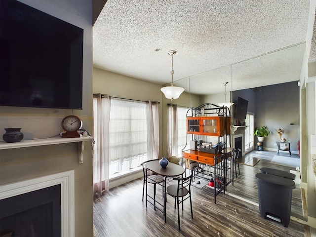 dining room featuring a textured ceiling and hardwood / wood-style floors