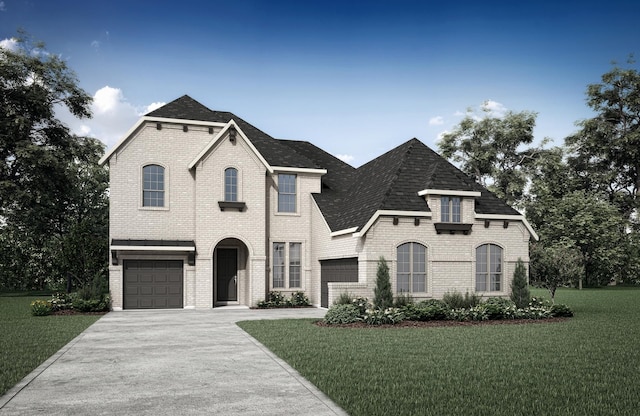 french provincial home with a front lawn and a garage