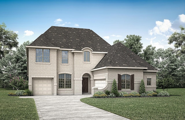 3124 Shaddock Blvd, Rockwall, TX 75032 - french country style house with an attached garage, concrete driveway, a front yard, and brick siding
