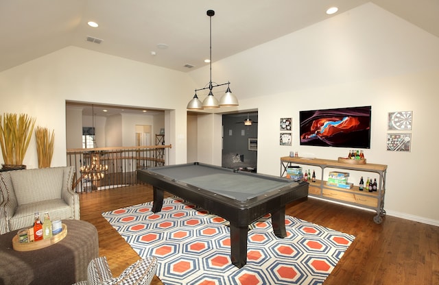 playroom with ceiling fan, lofted ceiling, pool table, and dark hardwood / wood-style floors