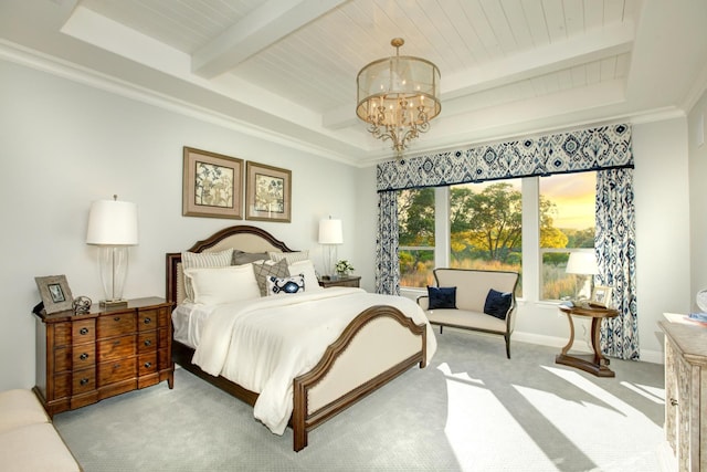 carpeted bedroom featuring beamed ceiling, wood ceiling, ornamental molding, and a chandelier