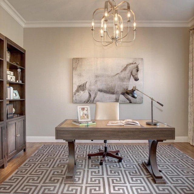 office area with ornamental molding, a chandelier, and wood-type flooring