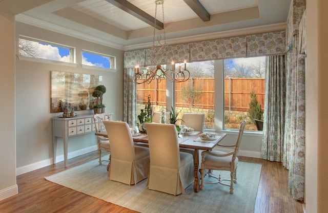 dining space with a raised ceiling, hardwood / wood-style flooring, and plenty of natural light